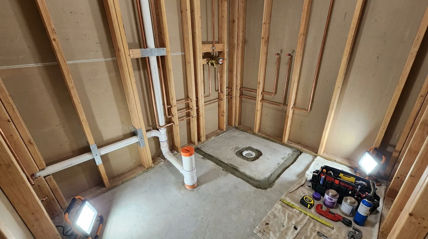 Bathroom rough-in plumbing during remodel by Johns Plumbing LLC in Timberville