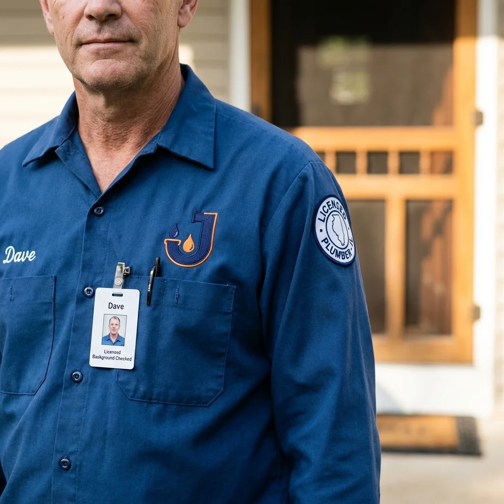 Licensed plumber showing ID badge in Timberville, VA