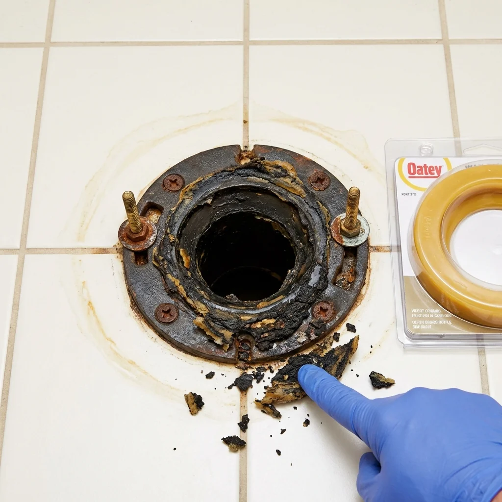 Failed wax ring showing water seepage at the base of a toilet in a Timberville, VA home