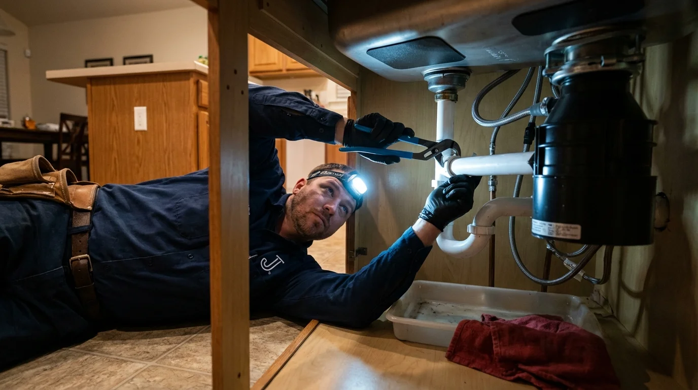 P-trap and supply line connections under a kitchen sink showing a common leak point in Timberville, VA